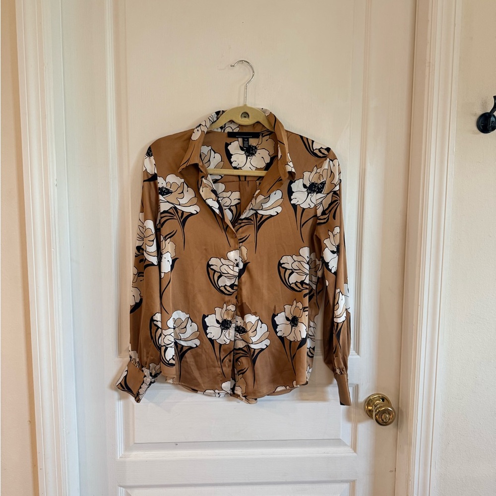 White House Black Market Brown and Black Floral Blouse